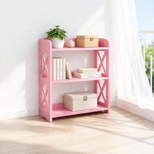 Image of Pink Bookcase by Natural Wood, 3 Tier Bookshelf, Small Book Shelves Freestanding Display Storage Shelves. Open Bookshelf for Bedroom, Living Room and Office (Pink, 3 Tier)