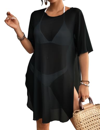 Bsubseach Sheer Bathing Suit Cover Up for Women Side Split Bikini Mesh Coverup Tops Resort Wear