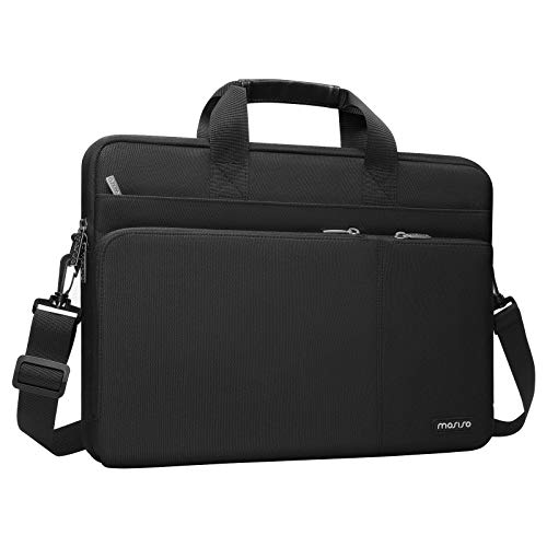 MOSISO 360 Protective Laptop Shoulder Bag Compatible with MacBook Air/Pro,13-13.3 inch Notebook,Compatible with MacBook Pro 14 inch 2021,Polyester Sleeve with 3 Front Pockets&Fix Handle&Belt,Black