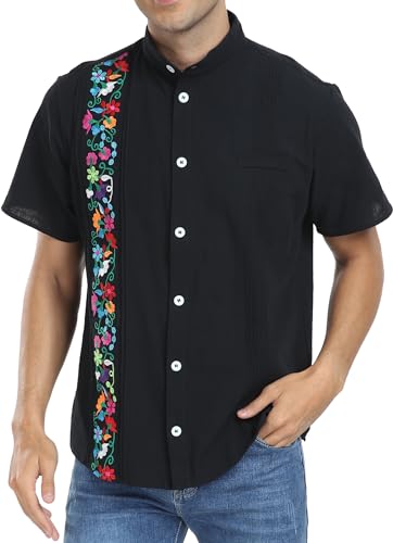 Reviews de Ropa de Hípica para Hombre - los preferidos. 44 YZXDORWJ - Camisa cubana mexicana bordada tradicional con botones, cuello de banda de verano, manga corta, M03-bk, Large