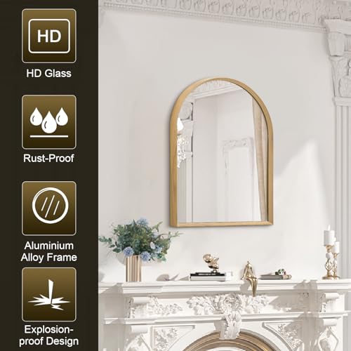 Image of Arched Mirror Bathroom Wall Mirror 16 inchx12 inch Brushed Metal Vanity Wall Mounted Mirror for LivingRoom Bedroom Entryway Room Home Decor