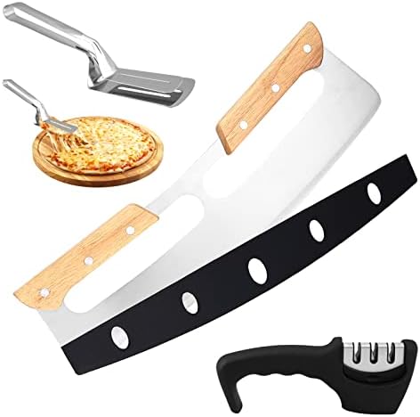 PLVTNM Pizza Cutter Rocker Blade 14inch with Wooden Handle, Pizza Slicer Wheel Stainless Steel Big Pizza Knife with Knife Sharpener and Pizza Gripper