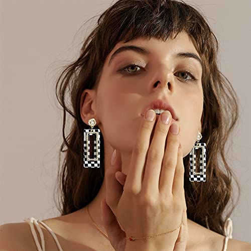 Elegant 60s 70s Vintage Black And White Acrylic Grid Dangle Drop Earrings Dainty Chic Sparkly Crystal Hollow Resin Rectangle Geometry Stud Earring for Women4