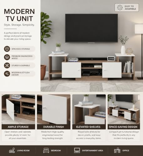 Image of FURNEASER Eptimal Modern Wooden TV Unit for Living Room | Engineered Wood Entertainment Center with Storage | TV Stand for 65 Inch TVs | TV Cabinet with Shelves & Doors (Exotic Teak & White)
