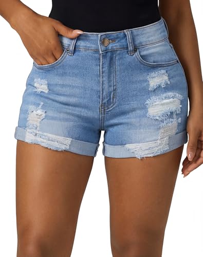 roswear Womens Summer Mid Rise Ripped Denim Shorts Stretchy Butt Lifting Jean Shorts Light Blue Medium