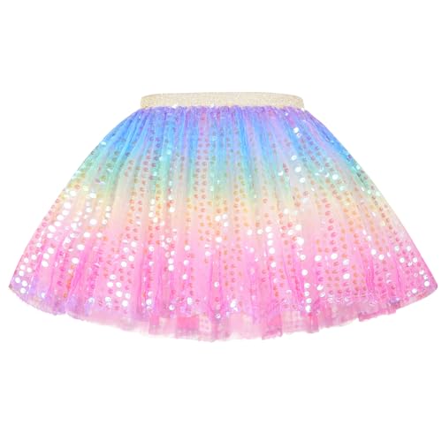 JOCMIC Girls Sequin Skirts Tulle Dance Toddler Tutu Skirt Kids Birthday Fashion Clothes 6-8Y Rainbow