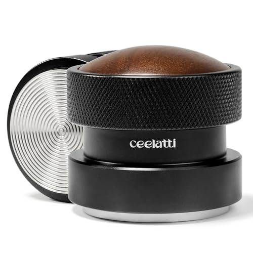 ceelatti 54mm Tamper Palm, Spring Loaded Coffee Tamper for 54mm Portafilter, Self Leveling Espresso Tamper for Breville Sage Barista Express Pro, Walnut Handle, Stainless Steel Ripple Base, Black