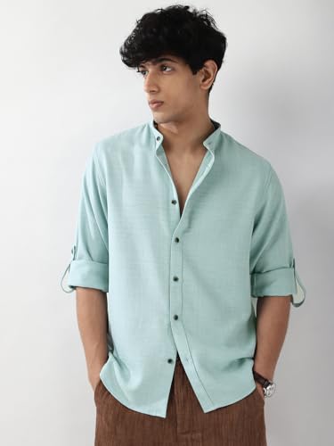 Image of Urbano Fashion Men's Linen Blend Full Sleeve Relaxed Fit Mandarin Collar Casual Solid Shirt