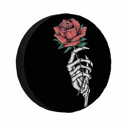 Image of Skull and Rose Spare Tire Cover Vintage Skeleton Holding Flower Halloween Romantic Love Girl Weatherproof Universal Wheel Protectors Camper Tire Covers for Trailer Rv Travel(17 inch)