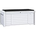 DWVO 120 Gallon Outdoor Louver Storage Deck Box w/Seating Cushion, Large Storage Box for Outdoor Pillows, Garden Tools and Pool Supplies, Resin, Waterproof, Lockable (White)