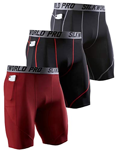 SILKWORLD 3 Pack Men's Compression Shorts Cool Dry Pockets Workout Baselayer Short Leggings, Black(Grey Stripe),Dark Red, Black(Red Stripe), X-Large