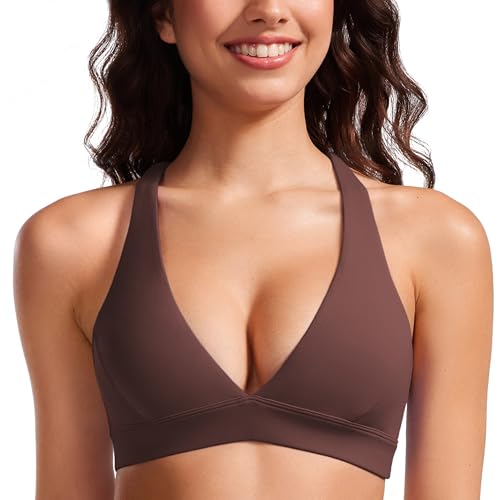 Image of CRZ YOGA Butterluxe Deep V Neck Sports Bras | Light Support, Removable Pads, Yoga, Extremely Soft, Cross Back, Spaghetti Straps, for Women