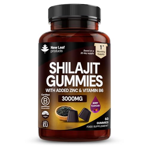 Shilajit Gummies - Enriched with Zinc & Vitamin B6 - High Strength 3000mg Pure Himalayan Shilajit for Men and Women - Berry Flavoured Vegan Shilajit Gummies By New Leaf