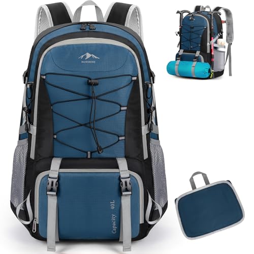 RAINSMORE Zaino Trekking 40 Litri Zaino Pieghevole Impermeabile Zaino Montagna Zaino da Viaggio Uomo e Donna Zaino Escursione per Hiking Campeggio Blu