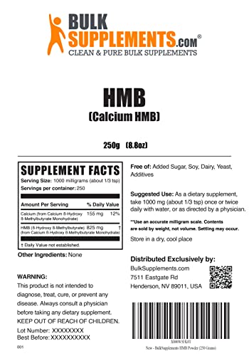 Bulksupplements.com Hmb Powder (Β-Hydroxy Β-Methylbutyrate) - Hmb Free Acid - Hmb 1000 Mg - Calcium Hmb - 1000Mg Per Serving (250 Grams - 8.8 Oz) #TOP1