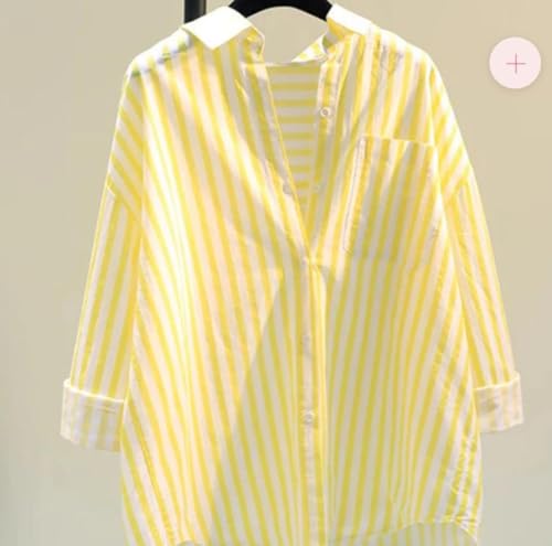 Image of Women's Yellow & White Striped Oversized Cotton Shirt | Casual Long Sleeve Collared Button-Down Top, Premium Fabric