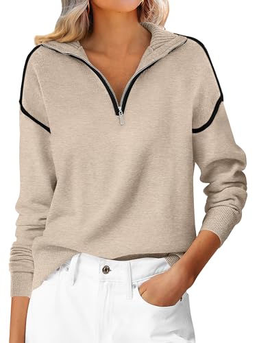 ANRABESS Womens Quarter Zip Sweaters Fall Long Sleeve V Neck Shirts Collared Business Casual Tops Knit Pullover Sweatshirts Almond L
