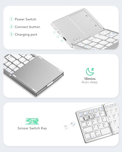 Image of Samsers Foldable Bluetooth Keyboard with Touchpad, Slim Compact, Silver | Multi-touch Trackpad, Full Size, Phone Holder, USB-C Charging, 1 Device, for Android Windows iOS Mac OS, Mobile Productivity