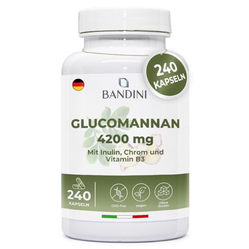Bandini® Glucomannan aus der Konjak Wurzel - 4200 mg pro Tagesdosis - 240 Kapseln - Optimiert mit Bakterienkulturen, Chrom, Vitamin B3 und Inulin - Hochdosiertes Supplement - Vegan