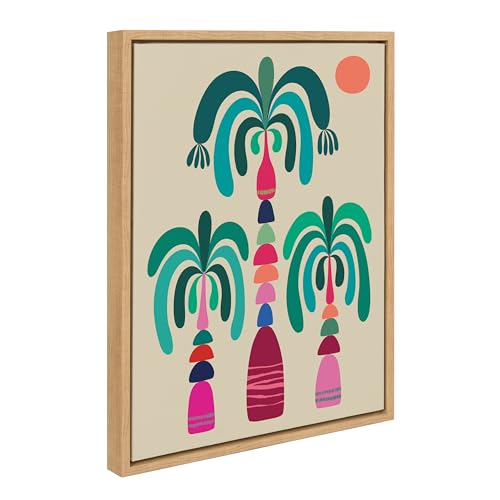 Kate and Laurel Sylvie MCM Palm Trees Framed Canvas Wall Art by Rachel Lee; 18x24 Natural; Colorful Mid-Century Tree Art for Wall