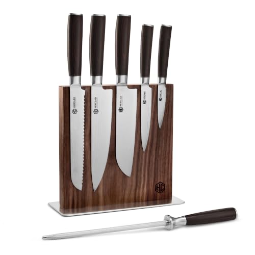 Image of HexClad Espresso 7 Piece Japanese Damascus Stainless Steel Blade Essential Knife Set with Magnetic Knife Block, Full Tang Construction, Pakkawood Handle