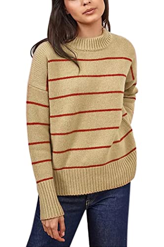 Women's Sweaters Casual Long Sleeve Mock Neck Drop Shoulder Tunic Striped Pullover Knit Sweater Tops