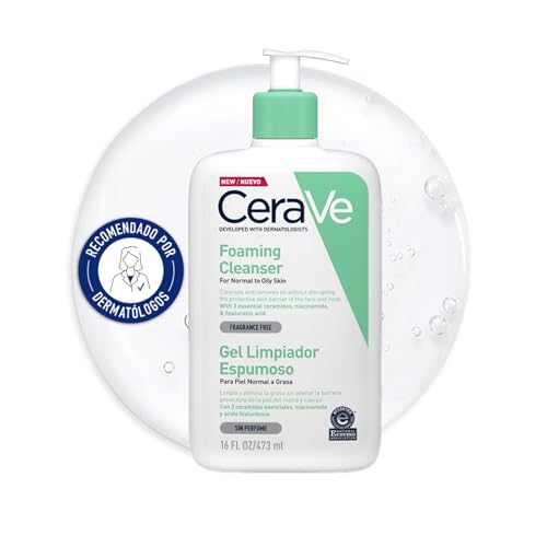 CeraVe Gel Limpiador Espumoso, Para Piel Normal a Grasa, Elimina el Exceso de Grasa y Suciedad, Enriquecido Con Ceramidas Esenciales, Niacinamida y Ácido Hialurónico, Apto para Rostro y Cuerpo, 473ml