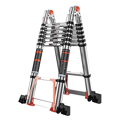 Escalera telescópica Plegable de Aluminio Resistente para techos y áticos, Escalera telescópica Recta/con Estructura en A con estabilizador + Ruedas Keep it in Mind