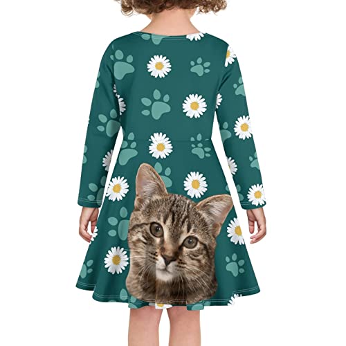 Cute Cat Dog Print Skater Dress for Girls Swing Loose Fit Flare Long Sleeve Twirly T Shirt Dress 4-16 Years Old4