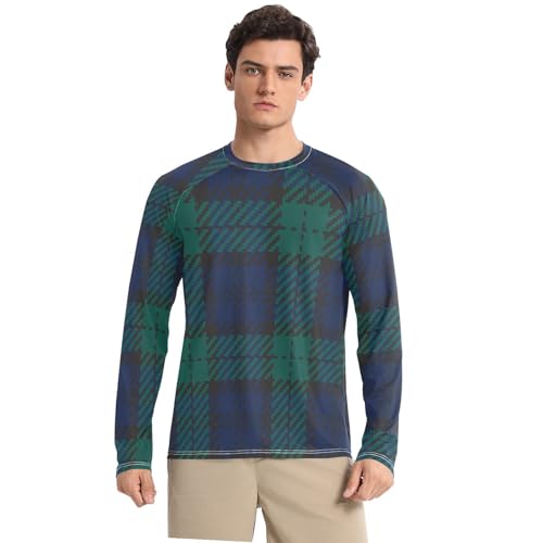 Navy Blue Green Plaid Men's Swim Shirts UPF 50+ Elastic Comfort Mens Sun Protection Long Sleeve Summer