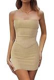 CHYRII Womens Sexy Summer Two Piece Outfits Bandeau Going Out Crop Tops Bodycon Skirt Sets Mini Dress Apricot S