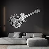 Decoración de Pared con Guitarra Floral de Metal Plateado, Arte de Pared de Estudio Musical con Flores de Metal, Escultura Moderna Decorativa de Guitarra Floral para Sala de Estar, dormitori