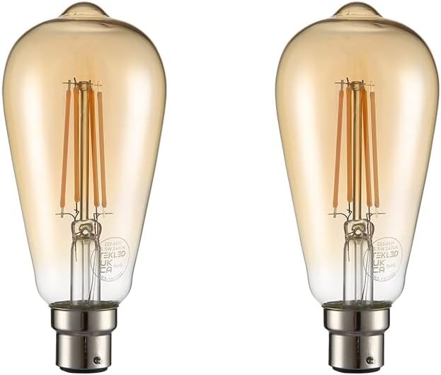 TEKLED® ST64 Filament Vintage DIMMABLE LED Bulbs | B22 Bayonet Cap | Energy Saving 6.5W Light Bulb 53W Equivalent | Amber 2400K 680LM | 2-Pack | Warm White