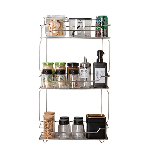 Image of Krevia 3 Tier Multifunctional Storage Rack for Kitchen | Free Standing & Hanging Stainless Steel Spice Organizer | Stackable and Practical Fruit Rack for Kitchen, Pantry, Bathroom (Silver)