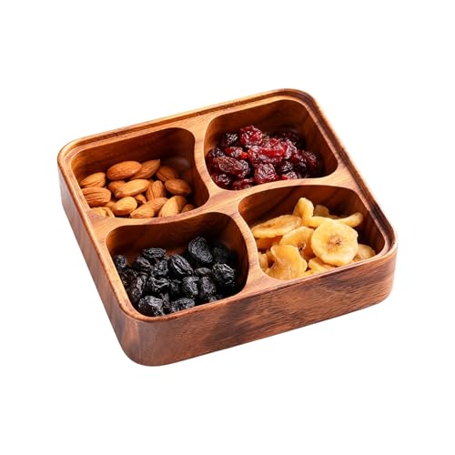 Cuenco dividido para aperitivos, organizador natural de 4 rejillas, cuenco de madera con divisores, para familiares, amigos, mujeres, frutos secos, hogar, cocina, sala de estar interior