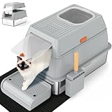 SZEE XL Stainless Steel Litter Box, Top Exit Design, Non Stick, No Smell, Easy Cleaning, Activated Charcoal Odor Control Design, Half/Fully Enclosed Design, Footboard, Trapping Mat & Scoop Included