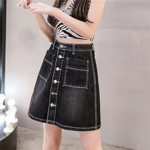 Women's Button Spliced Vintage Denim Skirt Summer Thin High Waist Pockets A-Line Mini Skirts4