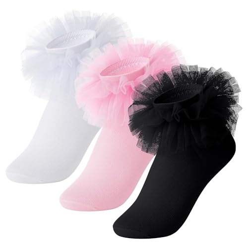OJIOUI 3 Pair Toddler Ruffles Ankle Socks (AU, Age, 7 Years, 9 Years, White Pink Black)