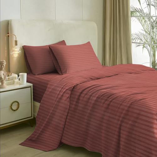 Image of Naksh Bedsheet for Double Bed King Size Stripes 210 TC with 2 Pillow Covers | 100% Pure Cotton Bedsheets | Breathable Fabric for Cool, Comfortable Sleep | King Size Bed Sheet Cotton | Wine |