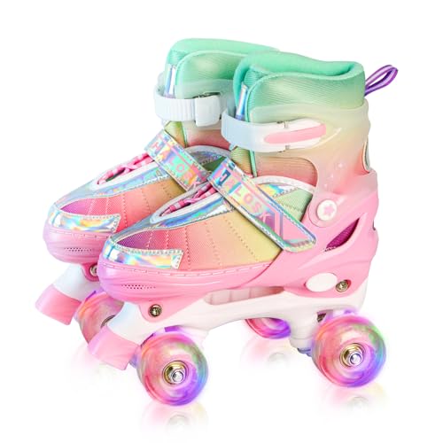 HALOSK Girls Roller Skates for Kids Beginners Ages 6-12, Pink Rainbow Adjustable Quad Rollerskates for Youth with All Light up Wheels Skating Shoes for Outdoor Sports