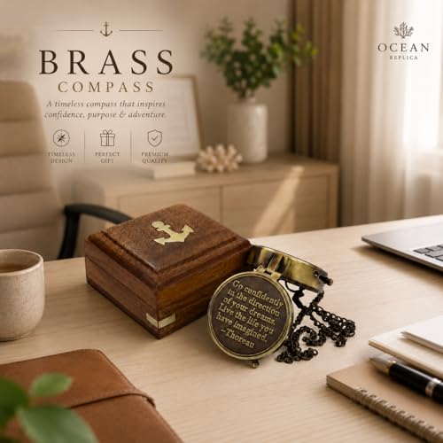 Brújula Vintage de Latón con Cita Grabada – “Go Confidently in The Direction of Your Dreams” – Brújula Náutica con Cadena y Caja de Madera de Rosal – Regalo para Graduación o Jubilación para Él o Ella miniatura 6