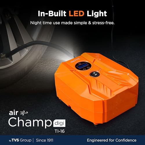 myTVS air Champ Digi Portable Tyre Inflator for Car, Bike with Digital Display & Auto Shut-Off 100 PSI Pressure | 12V DC Air Pump for Car tire with LED Torch, Long Wire | 1+1 Years Warranty (TI-16)