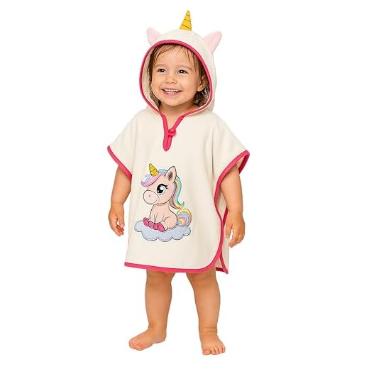 LAYNENBURG Premium Badeponcho Kinder mit Kapuze - 100% Baumwolle - OEKO TEX - Baby Jungen Mädchen Handtuch Poncho Frottee - 1-3 Jahre/Einhorn