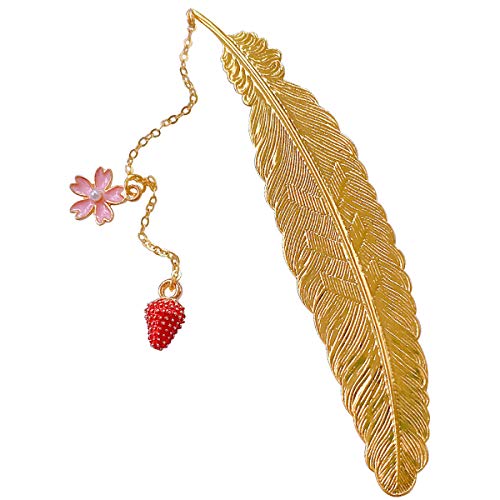 Sucolin Leaf Bookmark Flower Rose and Raspberry Red Handmade Metal Bookmarks Gold