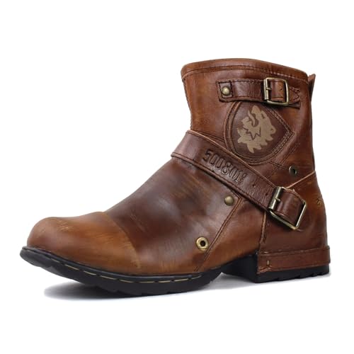 Image of OSSTONE Moto Boots for Men Fashion Zipper-up Leather Chukka Boots Casual Shoes OS-5008-1-BP-US-R Vintage Brown