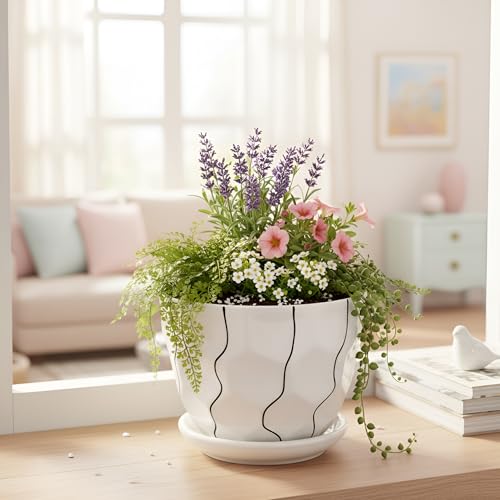 Image of Xtore Graceful Textured Ceramic Planter with Abstract Line Detailing & Drainage Tray | Modern Indoor Plant Pot for Desk, Table & Shelf Styling (Planter only)