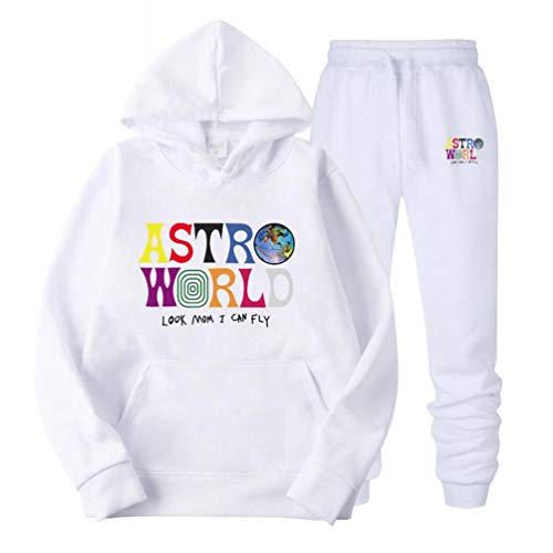 Ketamyy Hombre Mujer Conjuntos de Ropa con Capucha Sudaderas y Pantalones Invierno Cálido Terciopelo Forro Casual Hip Hop Travis Scott ASTROWORLD Estampada Loose Pull-Over con Bolsillo Blanco L