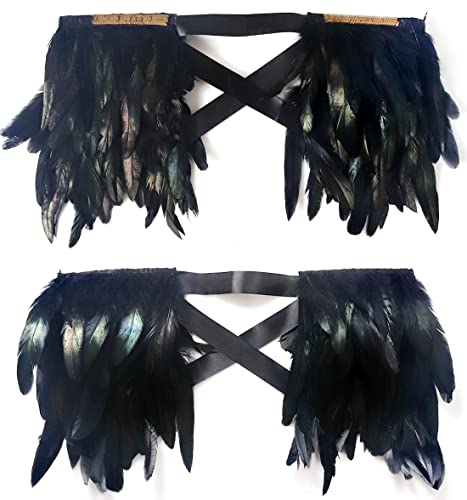 L'vow Real Natural Feather Epaulet Shrug Shawl Scapular Shoulder Wrap Halloween (Y- Black) #TOP5