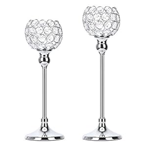 Queta Kandelaar kristal kandelaar vintage set van 2 voor stompkaarsen, woonkamer kristal decoratie, tafeldecoratie bruiloft Kerstmis verjaardag 32 cm & 37 cm hoogte (zilver)