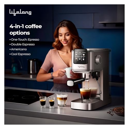 Image of Lifelong Eden 1350W Digital Coffee Machine Italian Ulka Pump 20 Bar Barista-Quality Extraction |Double Shot & Cool Espresso, Americano Mode|Touchscreen, Compatible with Ground Coffee|Hot & Cold Brew